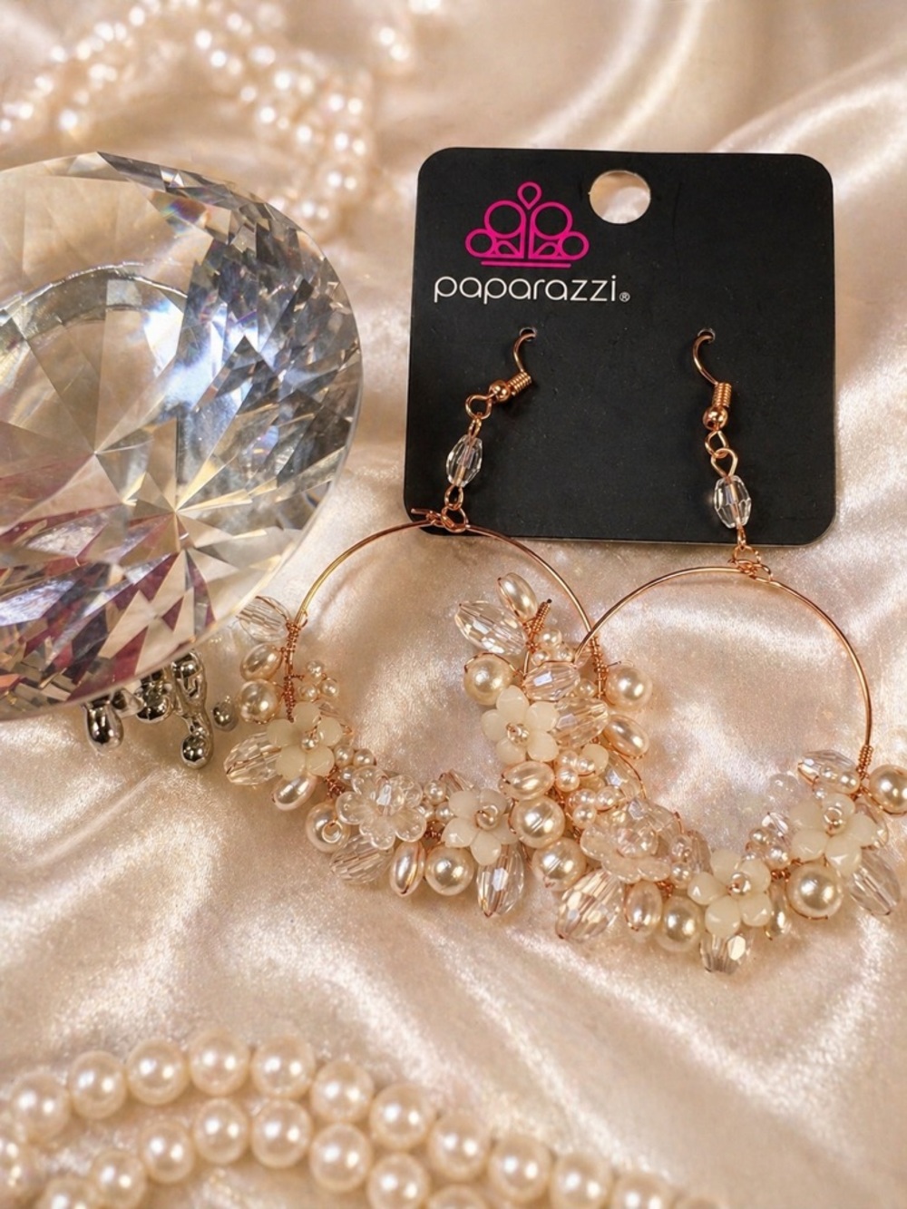 paparazzi Rose Gold Hoop Earrings with Ivory Pearls & Crystals